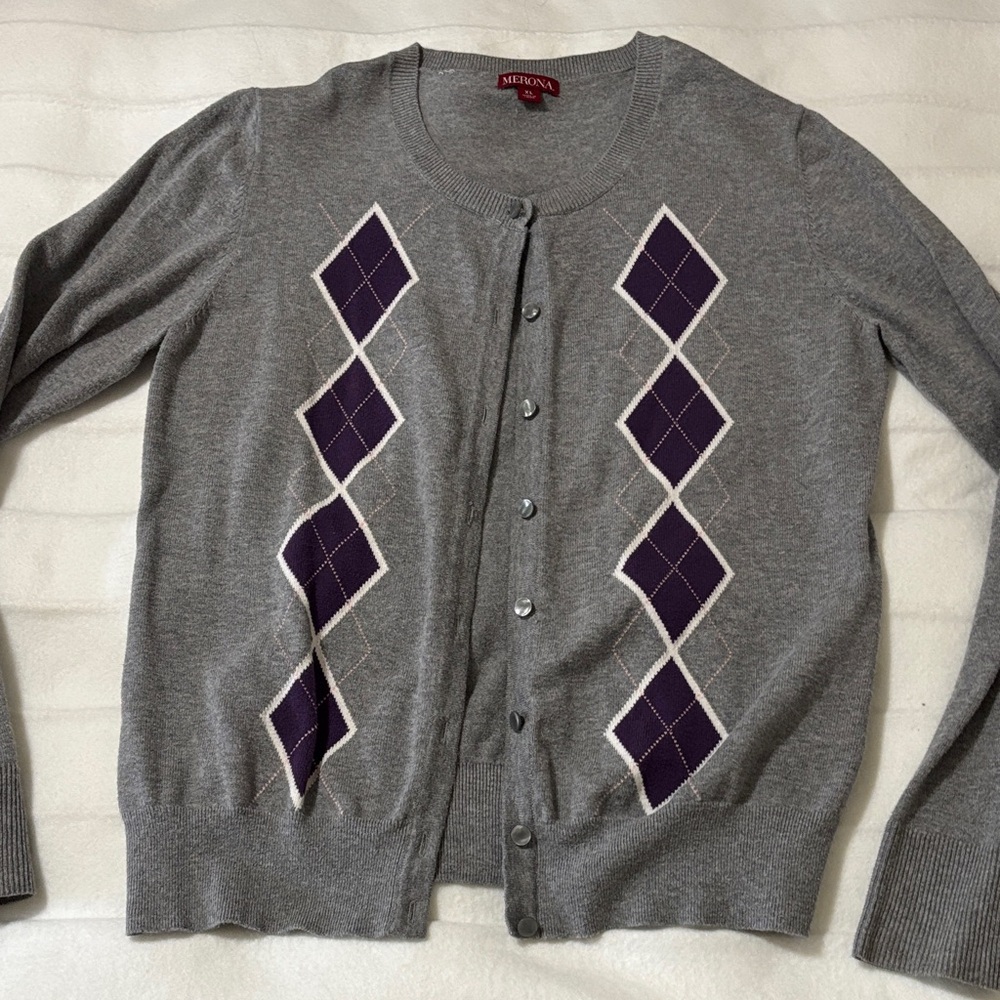 Merona Women's Gray Cardigan with Purple Argyle